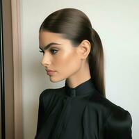 Sleek low ponytail with a wrapped section photo