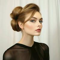 Sophisticated low bun with a side swept fringe photo