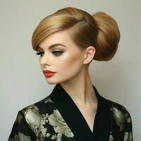 Sophisticated low bun with a side swept fringe photo