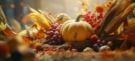 cuerno de la abundancia, acción de gracias cosecha Víspera de Todos los Santos otoño caer, ai generativo foto