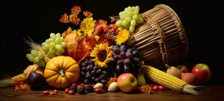 cuerno de la abundancia, acción de gracias cosecha Víspera de Todos los Santos otoño caer, ai generativo foto