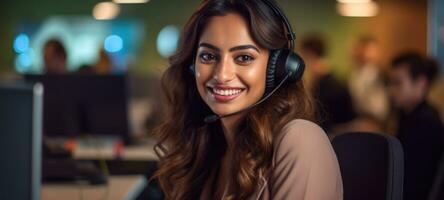 indian woman call center customer support with headset, ai photo