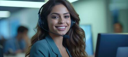 latina woman call center customer support with headset, ai photo