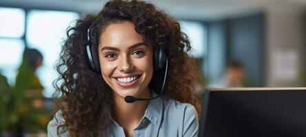latina woman call center customer support with headset, ai photo