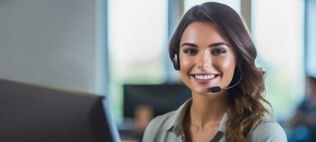 latina woman call center customer support with headset, ai photo