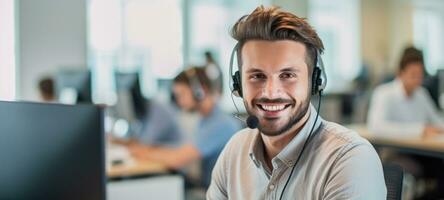 caucasian man call center customer support with headset, ai photo