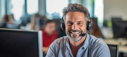 caucasian man call center customer support with headset, ai photo