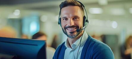 caucásico hombre llamada centrar cliente apoyo con auriculares, ai foto