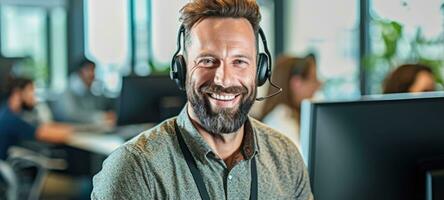 caucasian man call center customer support with headset, ai photo