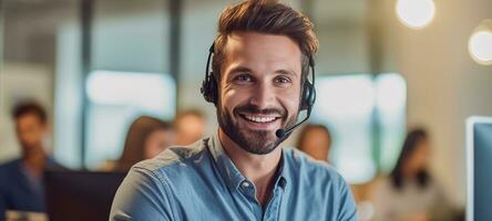 caucasian man call center customer support with headset, ai photo