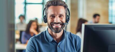 caucasian man call center customer support with headset, ai photo