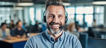 caucasian man call center customer support with headset, ai photo