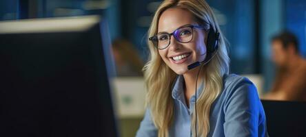 caucasian woman call center customer support with headset, ai photo