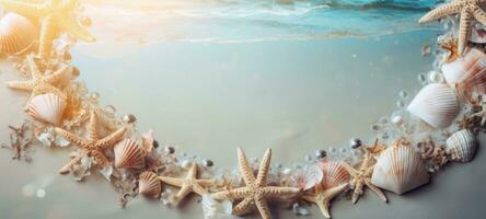 seashells on the beach sea sand summer, ai photo