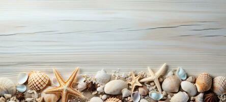seashells on wood and sand summer, ai photo