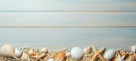 seashells on wood and sand summer, ai photo