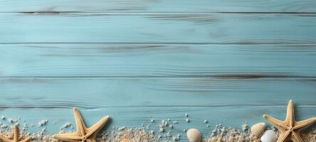 seashells on wood and sand summer, ai photo