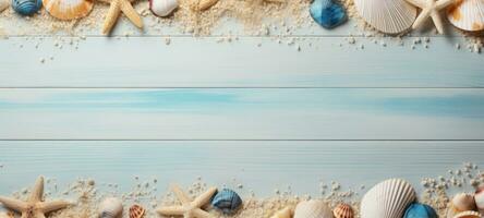 conchas marinas en madera y arena verano, ai foto