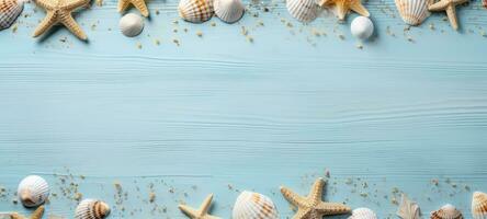 seashells on wood and sand summer, ai photo