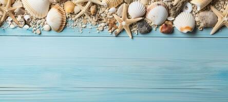 seashells on wood and sand summer, ai photo