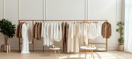 minimalistic beige female fashion dress clothes boutique, ai photo