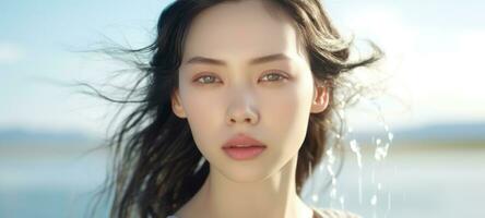 hermosa joven asiático mujer con limpiar Fresco piel cuidado, facial tratamiento, belleza y spa, ai foto
