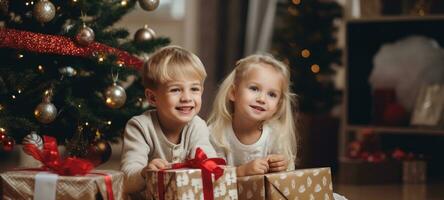 5 years old blonde girl and boy children getting xmas gift present christmas tree, ai photo