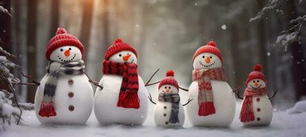 family snowman with scarf in snow forest greeting card xmas christmas photo