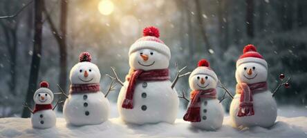 family snowman with scarf in snow forest greeting card xmas