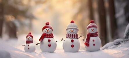 familia monigote de nieve con bufanda en nieve bosque saludo tarjeta Navidad Navidad foto