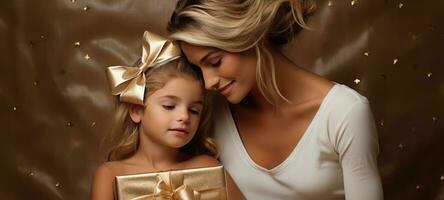 madre hija unión presente regalo oro tema Navidad, ai foto