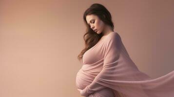 woman pregnant expecting maternity pink dress mom, ai photo