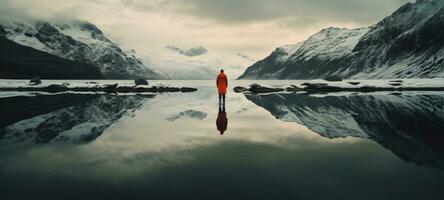 hombre caminando en agua lago montaña silueta, ai foto