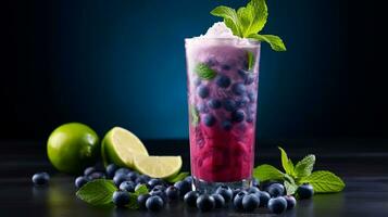 Photo of a Blueberry Mojito drink isolated on black background. Generative AI