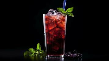 Photo of a Blueberry Iced Tea drink isolated on black background. Generative AI