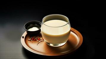 Photo of a Korean Makgeolli drink isolated on black background. Generative AI