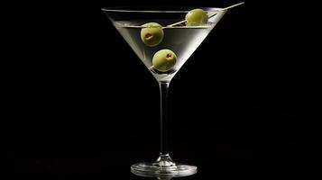 Photo of a Martini isolated on flat black background. Generative AI