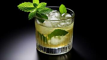 Photo of a Mint Julep isolated on flat black background. Generative AI