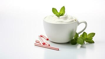 Photo of a Peppermint White Hot Chocolate isolated on flat white background. Generative AI