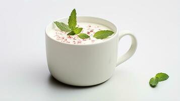 Photo of a Peppermint White Hot Chocolate isolated on flat white background. Generative AI