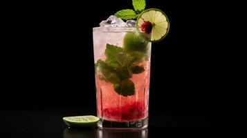 Photo of a Rhubarb Mojito isolated on flat black background. Generative AI