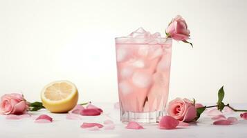 foto de un Rosa agua limonada aislado en plano blanco antecedentes. generativo ai