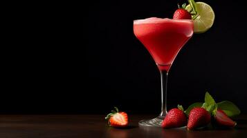 Photo of a Strawberry Daiquiri isolated on flat black background. Generative AI