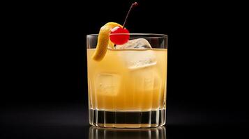 Photo of a Whiskey Sour isolated on flat black background. Generative AI