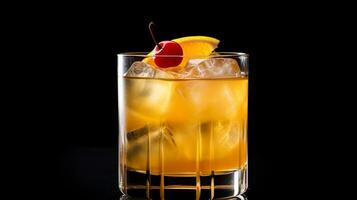 Photo of a Whiskey Sour isolated on flat black background. Generative AI