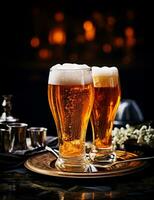 foto de algunos cerveza bebida esmeradamente chapado en un mesa. generativo ai