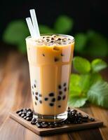 Photo of some Bubble Tea drink elegantly plated on a table. Generative AI