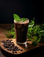 Photo of some Carob Juice drink elegantly plated on a table. Generative AI