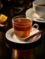 Photo of some Cinnamon Apple Tea drink elegantly plated on a table. Generative AI