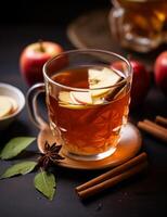 Photo of some Cinnamon Apple Tea drink elegantly plated on a table. Generative AI